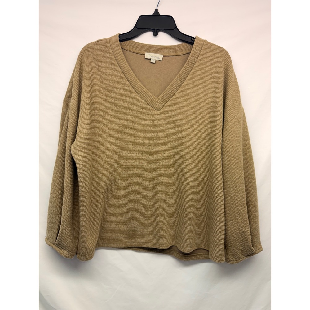Chenault Womens Tan Textured V-Neck Puff Sleeve Sweater Khaki Large, Casual-Chic